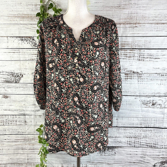 Croft & Barrow Blouse Tunic size Extra Large Black Pink Floral Paisley Peasant - Picture 1 of 14